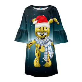 Детское платье 3D с принтом Five Nights At Freddy`s в Новосибирске, 100% полиэстер | прямой силуэт, чуть расширенный к низу. Круглая горловина, на рукавах — воланы | Тематика изображения на принте: fnaf | freddy | бонни | медведь | мишка | фнаф | фокси | фредди