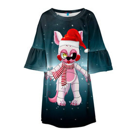 Детское платье 3D с принтом Five Nights At Freddy`s в Новосибирске, 100% полиэстер | прямой силуэт, чуть расширенный к низу. Круглая горловина, на рукавах — воланы | Тематика изображения на принте: fnaf | freddy | бонни | медведь | мишка | фнаф | фокси | фредди