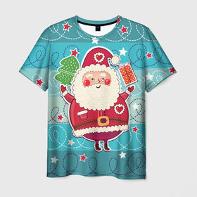 Мужская футболка 3D с принтом Дед мороз с подарками в Новосибирске, 100% полиэфир | прямой крой, круглый вырез горловины, длина до линии бедер | 2017 | дед мороз | новогодняя елка | новый год | подарок на новый год | санта | санта клаус | снег | снежинки