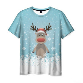 Мужская футболка 3D с принтом Рудольф в Новосибирске, 100% полиэфир | прямой крой, круглый вырез горловины, длина до линии бедер | ангел | ёлка | ель | зима | колокольчик | нг | новый год | олень | рождество | санта | снег