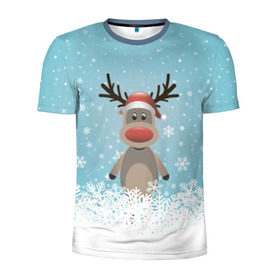 Мужская футболка 3D спортивная с принтом Рудольф в Новосибирске, 100% полиэстер с улучшенными характеристиками | приталенный силуэт, круглая горловина, широкие плечи, сужается к линии бедра | ангел | ёлка | ель | зима | колокольчик | нг | новый год | олень | рождество | санта | снег