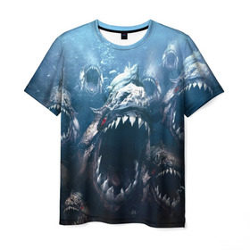 Мужская футболка 3D с принтом Голодные пираньи в Новосибирске, 100% полиэфир | прямой крой, круглый вырез горловины, длина до линии бедер | еда | зубы | клыки | кровь | людоед | монстр | пираньи | пиранья | рыбы | ужас | хищник | челюсти | чудовище