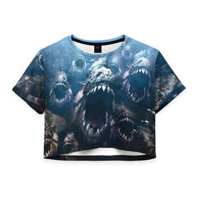 Женская футболка 3D укороченная с принтом Голодные пираньи в Новосибирске, 100% полиэстер | круглая горловина, длина футболки до линии талии, рукава с отворотами | Тематика изображения на принте: еда | зубы | клыки | кровь | людоед | монстр | пираньи | пиранья | рыбы | ужас | хищник | челюсти | чудовище