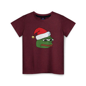 Детская футболка хлопок с принтом New year sad frog в Новосибирске, 100% хлопок | круглый вырез горловины, полуприлегающий силуэт, длина до линии бедер | Тематика изображения на принте: pepe | новогодний | пепе | шапка