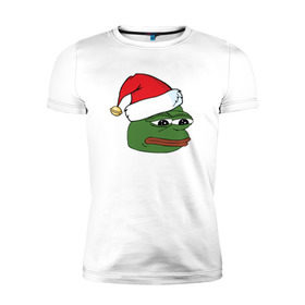 Мужская футболка премиум с принтом New year sad frog в Новосибирске, 92% хлопок, 8% лайкра | приталенный силуэт, круглый вырез ворота, длина до линии бедра, короткий рукав | pepe | новогодний | пепе | шапка