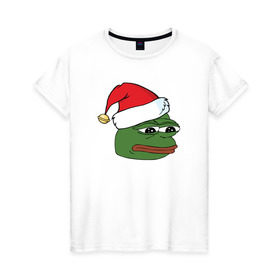Женская футболка хлопок с принтом New year sad frog в Новосибирске, 100% хлопок | прямой крой, круглый вырез горловины, длина до линии бедер, слегка спущенное плечо | pepe | новогодний | пепе | шапка