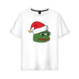 Женская футболка хлопок Oversize с принтом New year sad frog в Новосибирске, 100% хлопок | свободный крой, круглый ворот, спущенный рукав, длина до линии бедер
 | Тематика изображения на принте: pepe | новогодний | пепе | шапка
