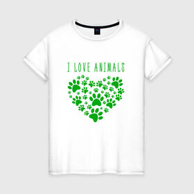 Женская футболка хлопок с принтом i love animals в Новосибирске, 100% хлопок | прямой крой, круглый вырез горловины, длина до линии бедер, слегка спущенное плечо | cat | арт | добро | животные | кот | котенок | котик | кошка | любовь | принт | рисунок | сердце