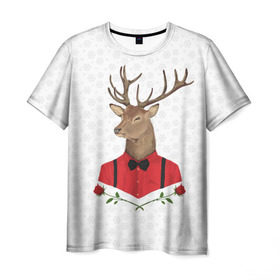 Мужская футболка 3D с принтом Christmas Deer в Новосибирске, 100% полиэфир | прямой крой, круглый вырез горловины, длина до линии бедер | new year | олень | рождество | роза | снег | узор