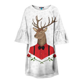 Детское платье 3D с принтом Christmas Deer в Новосибирске, 100% полиэстер | прямой силуэт, чуть расширенный к низу. Круглая горловина, на рукавах — воланы | new year | олень | рождество | роза | снег | узор