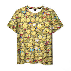 Мужская футболка 3D с принтом Смайлики. Стикербомбинг в Новосибирске, 100% полиэфир | прямой крой, круглый вырез горловины, длина до линии бедер | Тематика изображения на принте: emoji | желтый | мем | смайл | стикербомбинг | текстура | улыбка | эмодзи