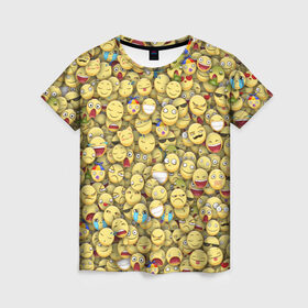 Женская футболка 3D с принтом Смайлики. Стикербомбинг в Новосибирске, 100% полиэфир ( синтетическое хлопкоподобное полотно) | прямой крой, круглый вырез горловины, длина до линии бедер | Тематика изображения на принте: emoji | желтый | мем | смайл | стикербомбинг | текстура | улыбка | эмодзи