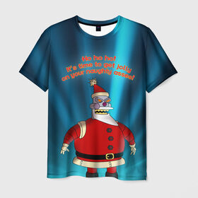 Мужская футболка 3D с принтом Робот Санта в Новосибирске, 100% полиэфир | прямой крой, круглый вырез горловины, длина до линии бедер | Тематика изображения на принте: futurama | зима | мультфильм | новый год | рождество | футурама