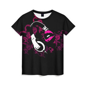 Женская футболка 3D с принтом Music love в Новосибирске, 100% полиэфир ( синтетическое хлопкоподобное полотно) | прямой крой, круглый вырез горловины, длина до линии бедер | dj | klub | music | губы | диджей | клуб | музыка | наушники