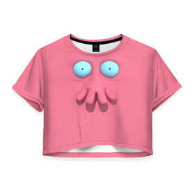 Женская футболка 3D укороченная с принтом Доктор Зойдберг в Новосибирске, 100% полиэстер | круглая горловина, длина футболки до линии талии, рукава с отворотами | будущее | врач | краб | лицо | розовый | фантастика | футурама | щупальца