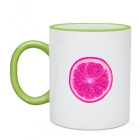 Кружка двухцветная с принтом Розовый лимон в Новосибирске, керамика | объем — 330 мл, диаметр — 80 мм. Цветная ручка и кайма сверху, в некоторых цветах — вся внутренняя часть | еда | кислый | лимон | розовый цвет | фрукт
