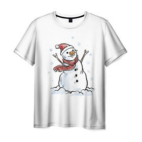 Мужская футболка 3D с принтом Снеговик в Новосибирске, 100% полиэфир | прямой крой, круглый вырез горловины, длина до линии бедер | Тематика изображения на принте: happy new year | new year | santa claus | дед мороз | дедушка мороз | новый год | санта клаус | снеговик
