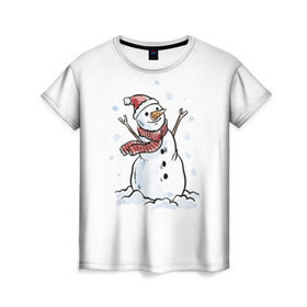 Женская футболка 3D с принтом Снеговик в Новосибирске, 100% полиэфир ( синтетическое хлопкоподобное полотно) | прямой крой, круглый вырез горловины, длина до линии бедер | happy new year | new year | santa claus | дед мороз | дедушка мороз | новый год | санта клаус | снеговик