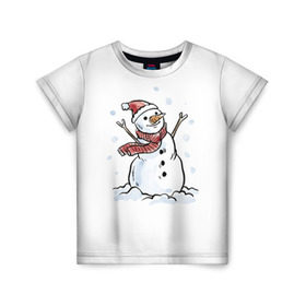 Детская футболка 3D с принтом Снеговик в Новосибирске, 100% гипоаллергенный полиэфир | прямой крой, круглый вырез горловины, длина до линии бедер, чуть спущенное плечо, ткань немного тянется | happy new year | new year | santa claus | дед мороз | дедушка мороз | новый год | санта клаус | снеговик