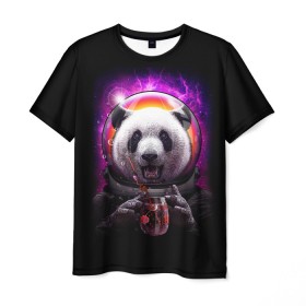 Мужская футболка 3D с принтом Panda Cosmonaut в Новосибирске, 100% полиэфир | прямой крой, круглый вырез горловины, длина до линии бедер | Тематика изображения на принте: bear | galaxy | panda | space | star | астронавт | галактика | звезда | космонавт | космос | медведь | панда