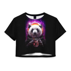 Женская футболка 3D укороченная с принтом Panda Cosmonaut в Новосибирске, 100% полиэстер | круглая горловина, длина футболки до линии талии, рукава с отворотами | bear | galaxy | panda | space | star | астронавт | галактика | звезда | космонавт | космос | медведь | панда