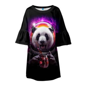 Детское платье 3D с принтом Panda Cosmonaut в Новосибирске, 100% полиэстер | прямой силуэт, чуть расширенный к низу. Круглая горловина, на рукавах — воланы | Тематика изображения на принте: bear | galaxy | panda | space | star | астронавт | галактика | звезда | космонавт | космос | медведь | панда