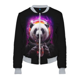Женский бомбер 3D с принтом Panda Cosmonaut в Новосибирске, 100% полиэстер | застегивается на молнию, по бокам два кармана без застежек, мягкие манжеты, по низу бомбера и на воротнике — эластичная резинка | Тематика изображения на принте: bear | galaxy | panda | space | star | астронавт | галактика | звезда | космонавт | космос | медведь | панда