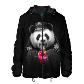 Мужская куртка 3D с принтом Donut Panda в Новосибирске, ткань верха — 100% полиэстер, подклад — флис | прямой крой, подол и капюшон оформлены резинкой с фиксаторами, два кармана без застежек по бокам, один большой потайной карман на груди. Карман на груди застегивается на липучку | bear | donut | panda | police | коп | медведь | панда | пончик
