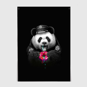 Постер с принтом Donut Panda в Новосибирске, 100% бумага
 | бумага, плотность 150 мг. Матовая, но за счет высокого коэффициента гладкости имеет небольшой блеск и дает на свету блики, но в отличии от глянцевой бумаги не покрыта лаком | bear | donut | panda | police | коп | медведь | панда | пончик