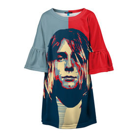 Детское платье 3D с принтом Kurt Cobain в Новосибирске, 100% полиэстер | прямой силуэт, чуть расширенный к низу. Круглая горловина, на рукавах — воланы | Тематика изображения на принте: curt | hope | kobain | nirvana | кобейн | курт | нирвана