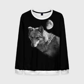 Мужской свитшот 3D с принтом Ночной Волк в Новосибирске, 100% полиэстер с мягким внутренним слоем | круглый вырез горловины, мягкая резинка на манжетах и поясе, свободная посадка по фигуре | волк | волки | животные | звери | луна | ночь | серый | черно белый
