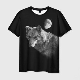 Мужская футболка 3D с принтом Ночной Волк в Новосибирске, 100% полиэфир | прямой крой, круглый вырез горловины, длина до линии бедер | волк | волки | животные | звери | луна | ночь | серый | черно белый