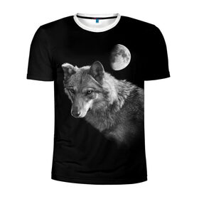 Мужская футболка 3D спортивная с принтом Ночной Волк в Новосибирске, 100% полиэстер с улучшенными характеристиками | приталенный силуэт, круглая горловина, широкие плечи, сужается к линии бедра | волк | волки | животные | звери | луна | ночь | серый | черно белый