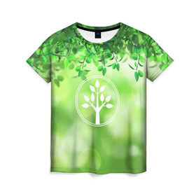 Женская футболка 3D с принтом Береги природу в Новосибирске, 100% полиэфир ( синтетическое хлопкоподобное полотно) | прямой крой, круглый вырез горловины, длина до линии бедер | береги природу | дерево | зелёная | зелень | листья | природа