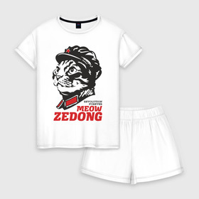 Женская пижама с шортиками хлопок с принтом Meow Zedong Revolution forever в Новосибирске, 100% хлопок | футболка прямого кроя, шорты свободные с широкой мягкой резинкой | кот революция