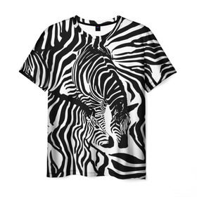 Мужская футболка 3D с принтом Зебра в Новосибирске, 100% полиэфир | прямой крой, круглый вырез горловины, длина до линии бедер | дикое | животное | зебра | камуфляж | лошадь | маскировка | полосы | текстура | фон | черно белые