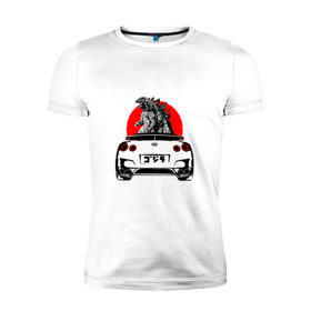 Мужская футболка премиум с принтом GT-R в Новосибирске, 92% хлопок, 8% лайкра | приталенный силуэт, круглый вырез ворота, длина до линии бедра, короткий рукав | Тематика изображения на принте: camo | godzilla | gtr | nissan | power | race | tuning