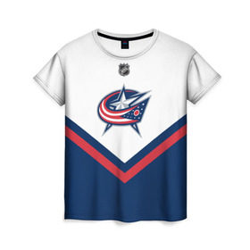 Женская футболка 3D с принтом Columbus Blue Jackets в Новосибирске, 100% полиэфир ( синтетическое хлопкоподобное полотно) | прямой крой, круглый вырез горловины, длина до линии бедер | america | canada | hockey | nhl | usa | америка | блю | джекетс | канада | коламбус | лед | нхл | сша | хоккей