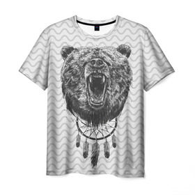 Мужская футболка 3D с принтом Bear Dreamcatcher в Новосибирске, 100% полиэфир | прямой крой, круглый вырез горловины, длина до линии бедер | bear | beast | forest | russia | siberian | зверь | лес | ловец | медведь | россия | сибирь | сон | ярость