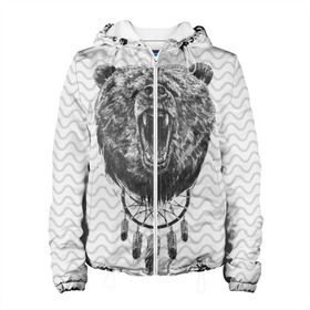 Женская куртка 3D с принтом Bear Dreamcatcher в Новосибирске, ткань верха — 100% полиэстер, подклад — флис | прямой крой, подол и капюшон оформлены резинкой с фиксаторами, два кармана без застежек по бокам, один большой потайной карман на груди. Карман на груди застегивается на липучку | bear | beast | forest | russia | siberian | зверь | лес | ловец | медведь | россия | сибирь | сон | ярость
