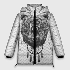 Женская зимняя куртка 3D с принтом Bear Dreamcatcher в Новосибирске, верх — 100% полиэстер; подкладка — 100% полиэстер; утеплитель — 100% полиэстер | длина ниже бедра, силуэт Оверсайз. Есть воротник-стойка, отстегивающийся капюшон и ветрозащитная планка. 

Боковые карманы с листочкой на кнопках и внутренний карман на молнии | Тематика изображения на принте: bear | beast | forest | russia | siberian | зверь | лес | ловец | медведь | россия | сибирь | сон | ярость