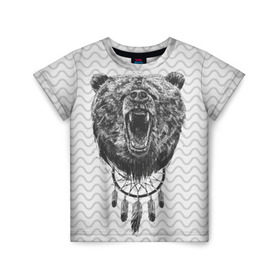 Детская футболка 3D с принтом Bear Dreamcatcher в Новосибирске, 100% гипоаллергенный полиэфир | прямой крой, круглый вырез горловины, длина до линии бедер, чуть спущенное плечо, ткань немного тянется | bear | beast | forest | russia | siberian | зверь | лес | ловец | медведь | россия | сибирь | сон | ярость
