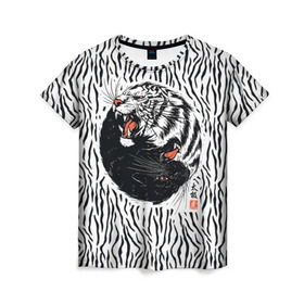 Женская футболка 3D с принтом Yin Yang Tigers в Новосибирске, 100% полиэфир ( синтетическое хлопкоподобное полотно) | прямой крой, круглый вырез горловины, длина до линии бедер | tiger | yin yang | инь ян | китай | сила | тигр | ярость