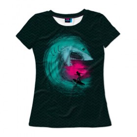 Женская футболка 3D с принтом Shark Vortex в Новосибирске, 100% полиэфир ( синтетическое хлопкоподобное полотно) | прямой крой, круглый вырез горловины, длина до линии бедер | акула | закат | море | океан | рыба | серф | солнце