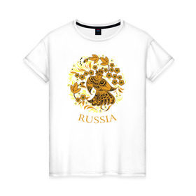 Женская футболка хлопок с принтом Russia Forever в Новосибирске, 100% хлопок | прямой крой, круглый вырез горловины, длина до линии бедер, слегка спущенное плечо | народный | орнамент | роспись | традиционный