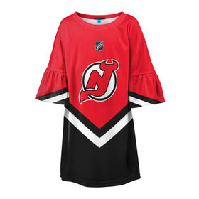 Детское платье 3D с принтом New Jersey Devils в Новосибирске, 100% полиэстер | прямой силуэт, чуть расширенный к низу. Круглая горловина, на рукавах — воланы | america | canada | hockey | nhl | usa | америка | девилз | джерси | канада | лед | нхл | нью | сша | хоккей