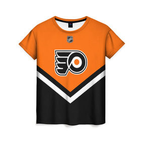 Женская футболка 3D с принтом Philadelphia Flyers в Новосибирске, 100% полиэфир ( синтетическое хлопкоподобное полотно) | прямой крой, круглый вырез горловины, длина до линии бедер | america | canada | hockey | nhl | usa | америка | канада | лед | нхл | сша | филадельфия | флайерз | хоккей