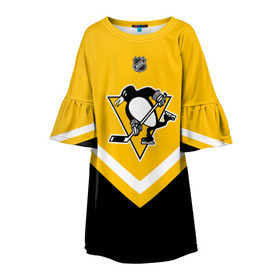 Детское платье 3D с принтом Pittsburgh Penguins в Новосибирске, 100% полиэстер | прямой силуэт, чуть расширенный к низу. Круглая горловина, на рукавах — воланы | Тематика изображения на принте: america | canada | hockey | nhl | usa | америка | канада | лед | нхл | пингвинз | питтсбург | сша | хоккей