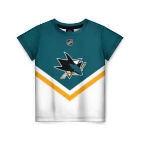 Детская футболка 3D с принтом San Jose Sharks в Новосибирске, 100% гипоаллергенный полиэфир | прямой крой, круглый вырез горловины, длина до линии бедер, чуть спущенное плечо, ткань немного тянется | america | canada | hockey | nhl | usa | акула | америка | канада | лед | нхл | сан хосе | сша | хоккей | шаркс