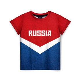 Детская футболка 3D с принтом Russia Team в Новосибирске, 100% гипоаллергенный полиэфир | прямой крой, круглый вырез горловины, длина до линии бедер, чуть спущенное плечо, ткань немного тянется | Тематика изображения на принте: cup | football | russia | олипм | россия | русская | русский | футбол | хохлома